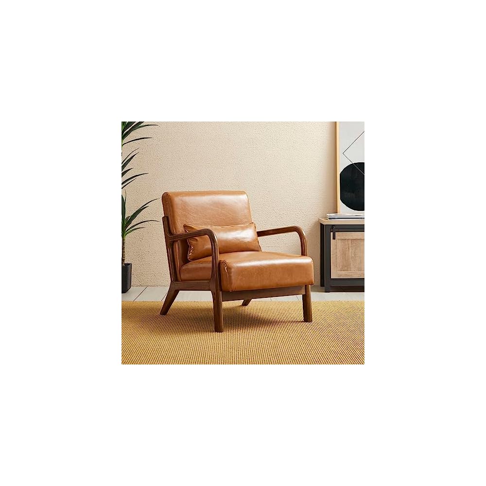 30" H Mid Century Yellowish Brown Accent Armchair, Single Reading Sofa, PU Leather Lounge Chair with Walnut Ruberwood Frame for Livingroom or Office