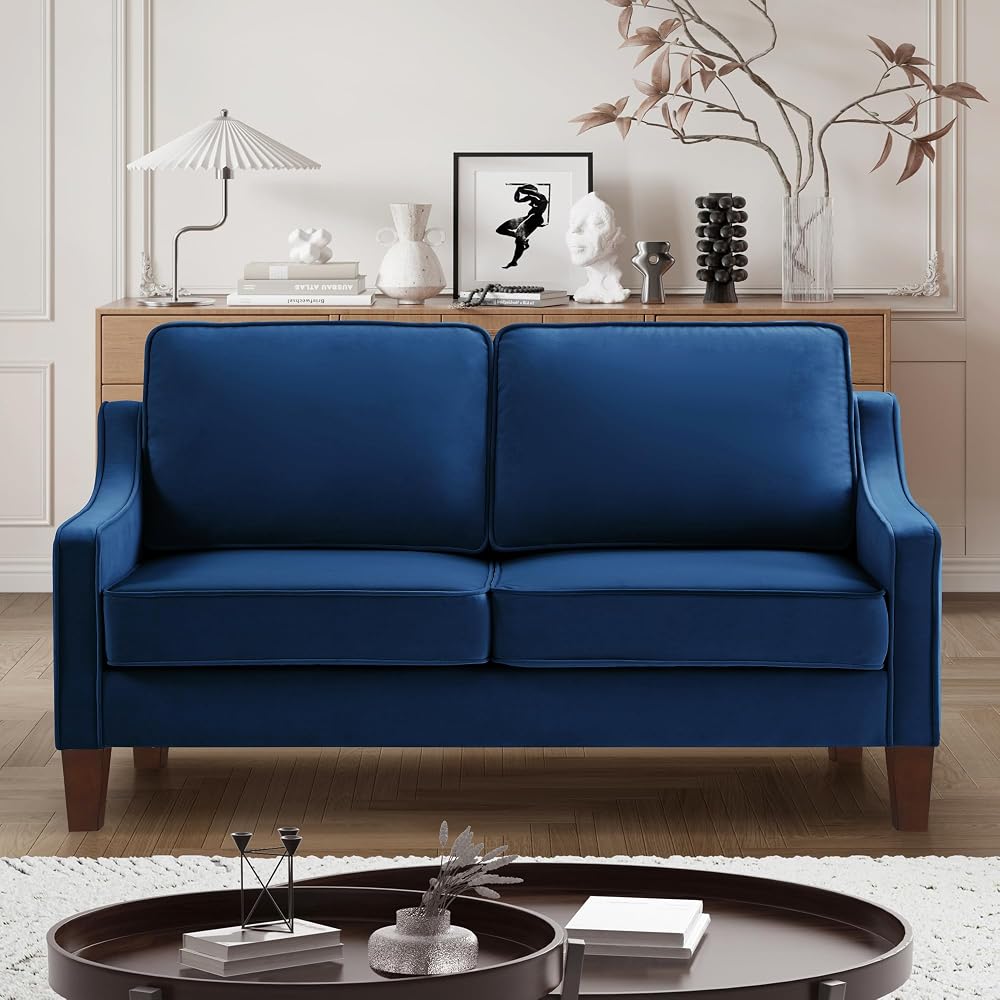 Modernes Samt-Loveseat-Sofa, gepolstertes 2-Sitzer-Sofa mit Holzbeinen, bequemes kleines Sofa für Wohnzimmer, Schlafzimmer und kleine Räume, Marineblau