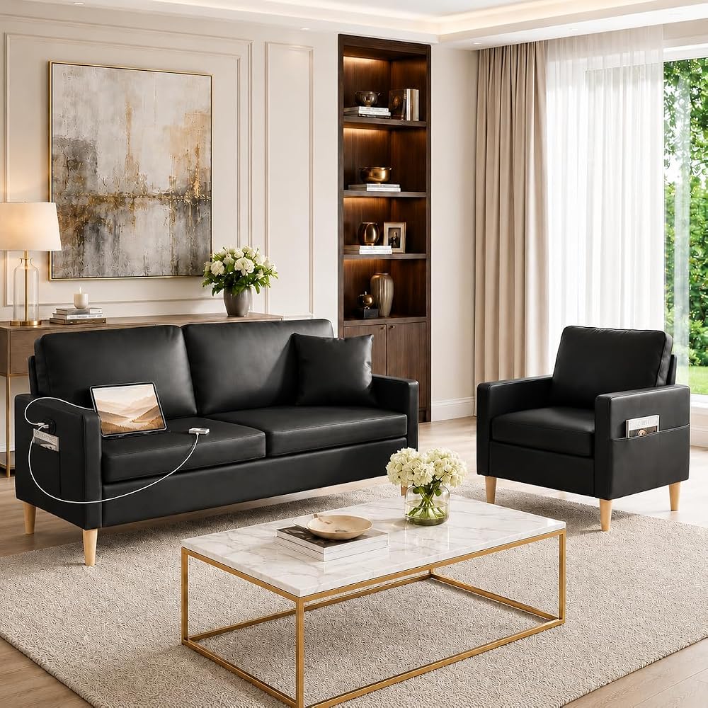 2 Piece Black Faux Leather Modern Small Couch and Chair Set for Office