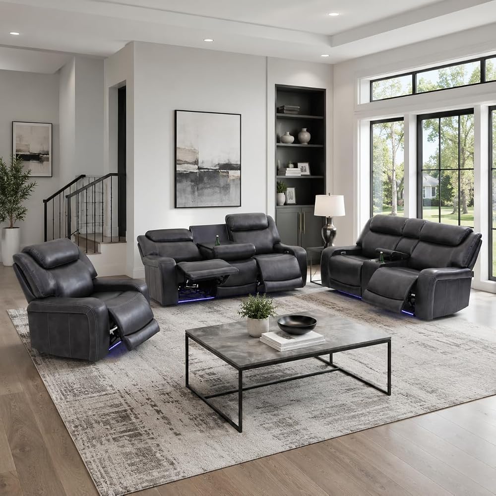 3-teiliges elektrisches Relaxsofa-Set aus echtem schwarzem Leder