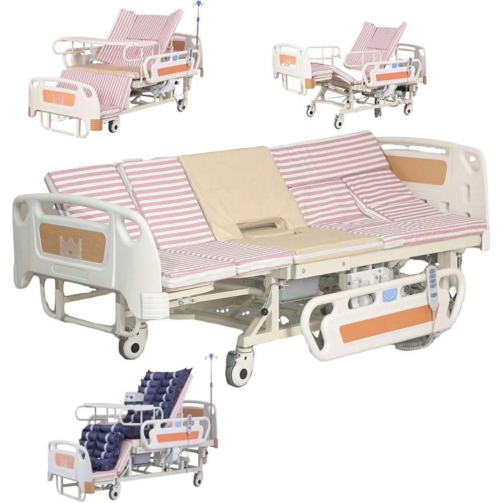 10 Function Electric Medical Beds with Lateral Tilting, Full Electric Hospital Beds for Home use with Air Cushion, IV Pole, Quiet Wheels, Up to 530 LBS