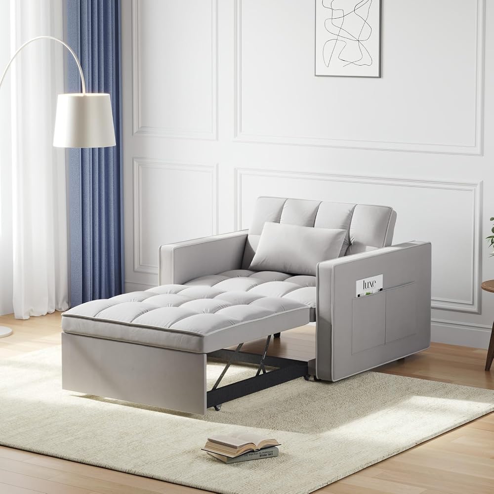 Schlafsofa-Sessel, 3-in-1 Schlafsofa mit 3-stufig verstellbarer Rückenlehne, ausziehbarer Schlaf-Sessel, strapazierfähiger Samtstoff, für Wohnzimmer, Schlafzimmer, Grau
