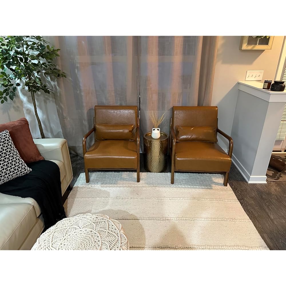 30" H Mid Century Yellowish Brown Accent Armchair, Single Reading Sofa, PU Leather Lounge Chair with Walnut Ruberwood Frame for Livingroom or Office