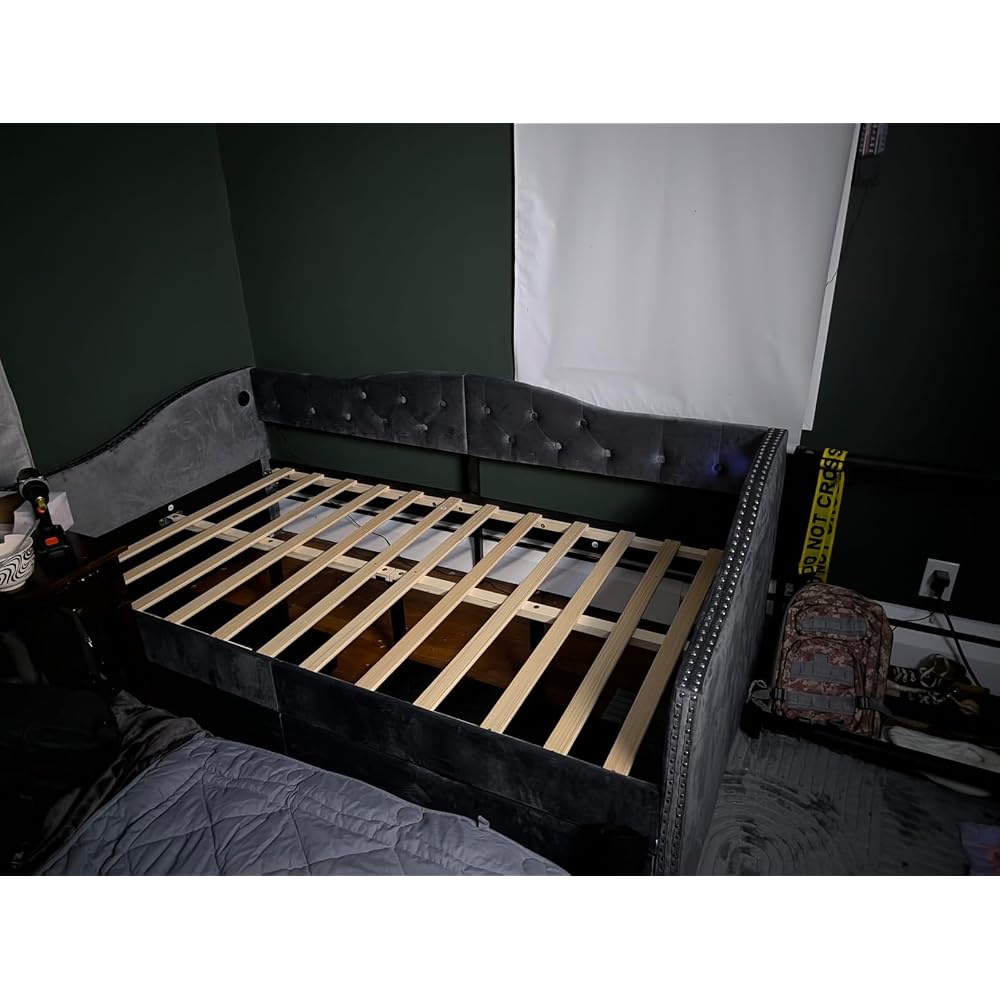 Einzel-Eckbettgestell mit Stauraum und LED-Beleuchtung, gepolstertes Tagesbett in Einzelgröße mit Schubladen und Ladestation für Wohn- und Schlafzimmer (Grau)