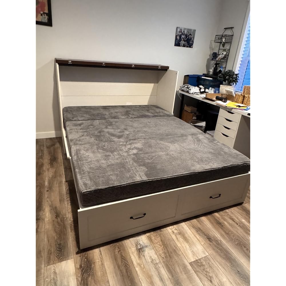 Queen Size Murphy Chest Bed with Drawer and Charging Station, Farmhouse Wood Space-Saving Hidden Folding Bed Chest, Multifunctional Storage Cabinet Beds for Bedroom, Office, Black