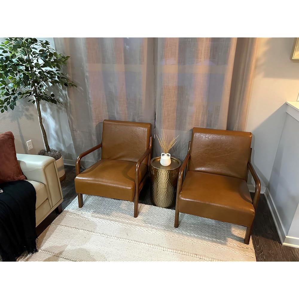 30" H Mid Century Yellowish Brown Accent Armchair, Single Reading Sofa, PU Leather Lounge Chair with Walnut Ruberwood Frame for Livingroom or Office