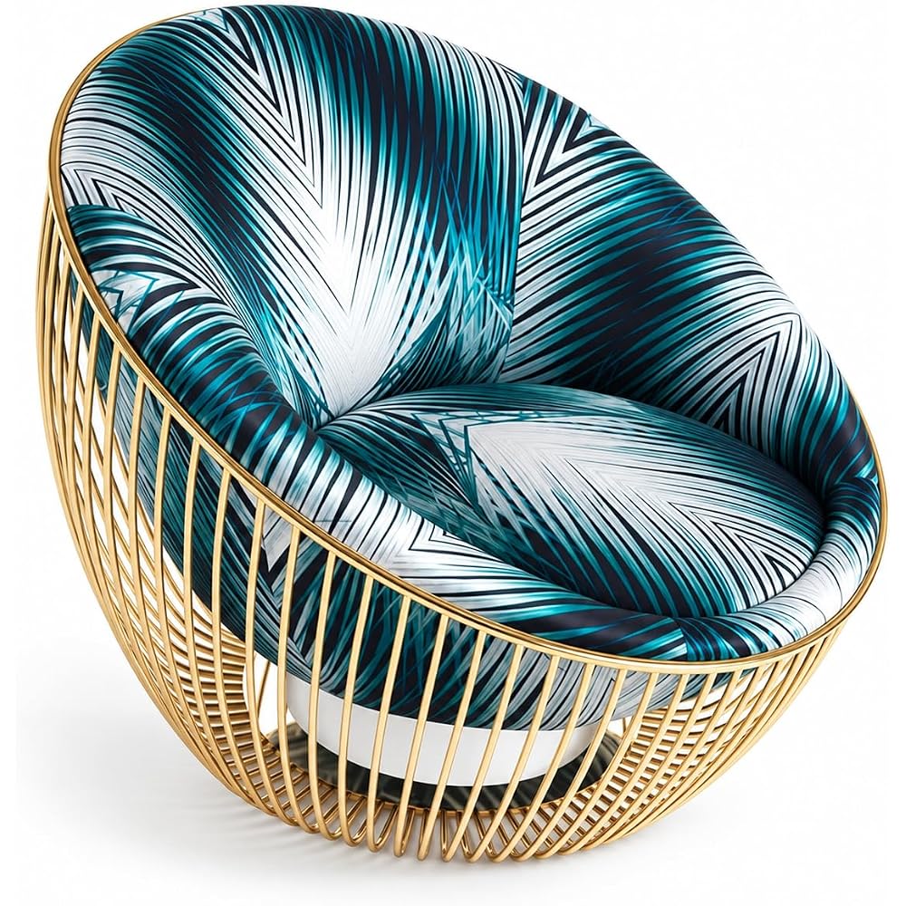 Teal Geometric Fabric Accent Chair with Gold Metal Cage Frame