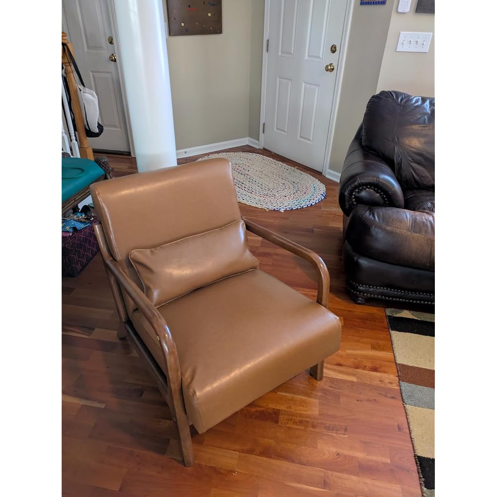 30" H Mid Century Yellowish Brown Accent Armchair, Single Reading Sofa, PU Leather Lounge Chair with Walnut Ruberwood Frame for Livingroom or Office