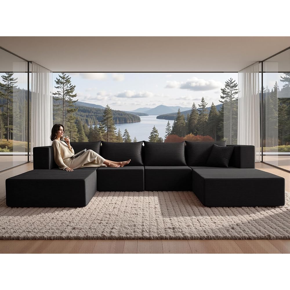 140" Modular Sectional Sofa Couches Corduroy Sleeper Deep Seat Sofa Bed, Comfy Cloud Couch for Living Room Floor Sofa, 6 Piece Free Combination Compression, No Assembly Required, Obsidian