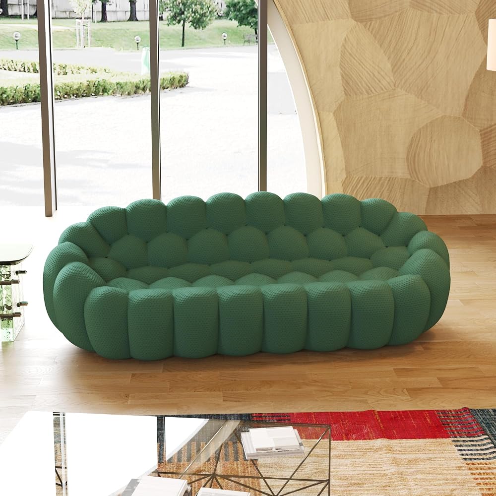 3 Seater Bubble Sofa Curved Couch, 98.43'' Comfy Upholstered Mesh Fabric Floor Sofa, 3D Honeycomb Shape Modern Couch for Living Room, Office, Apartment, Small Space (Green)