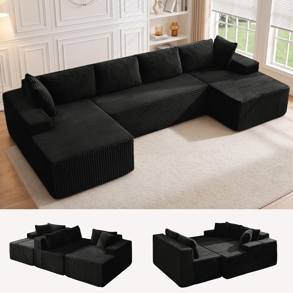133" Oversized Modular Sectional Sofa, U-Shaped Boneless Couch with Double Chaise, Comfy Corduroy Cloud Couch Sectional, Deep Seat Sectional Couches for Living Room, No Assembly Required, Black