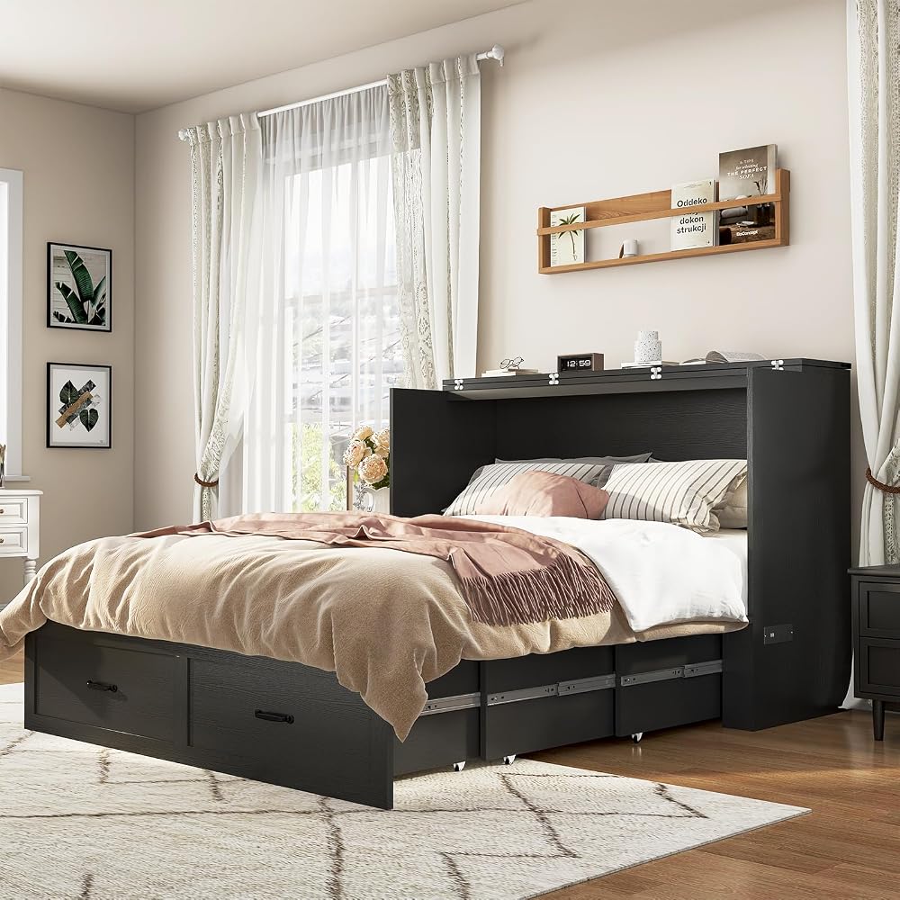 Queen Size Murphy Chest Bed with Drawer and Charging Station, Farmhouse Wood Space-Saving Hidden Folding Bed Chest, Multifunctional Storage Cabinet Beds for Bedroom, Office, Black