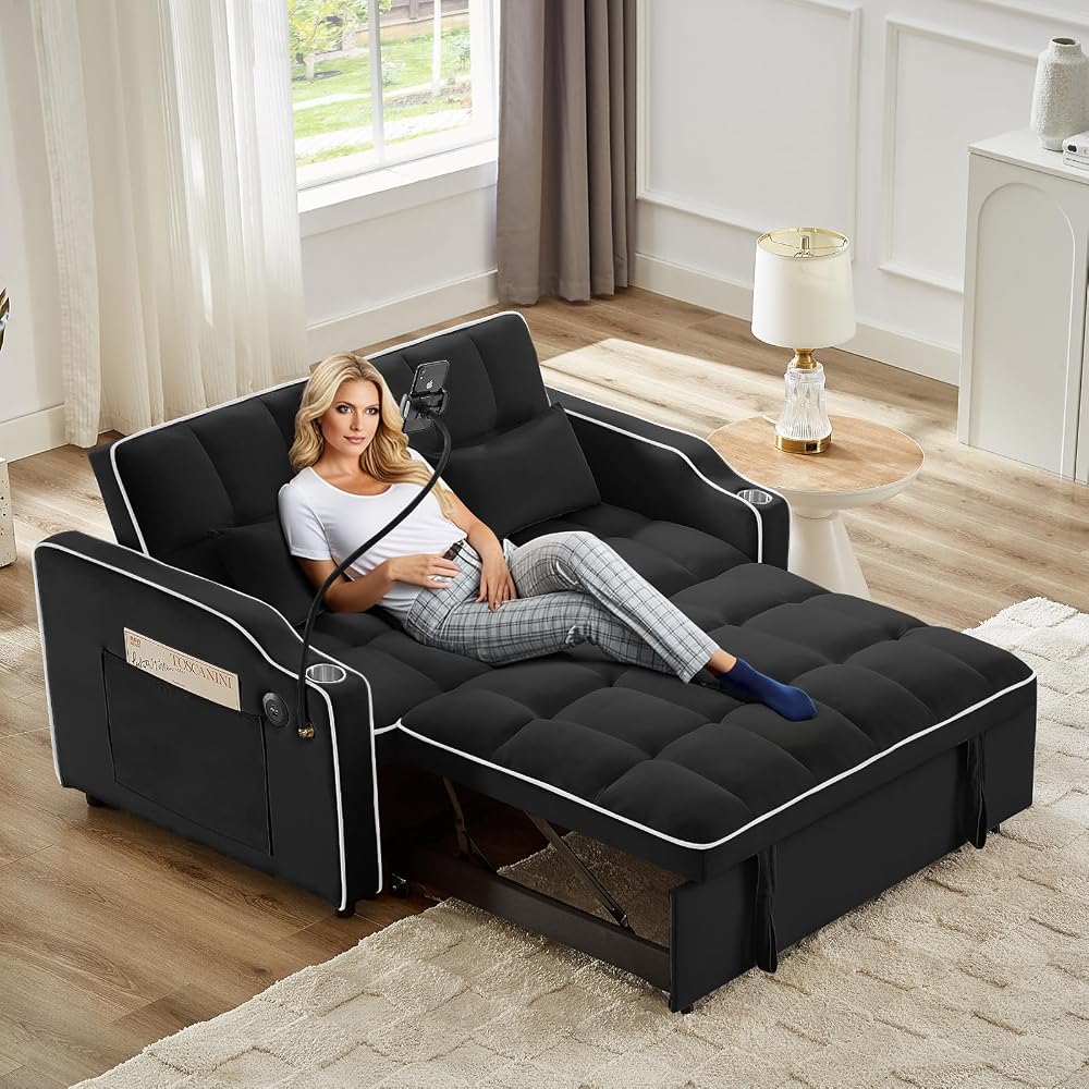 Schlafsofa mit Handyhalterung, modernes 3-in-1 ausziehbares Samt-Futon-Sofa mit USB- & Typ-C-Anschluss & Getränkehalter für Wohnzimmer, Schlafzimmer und Büro
