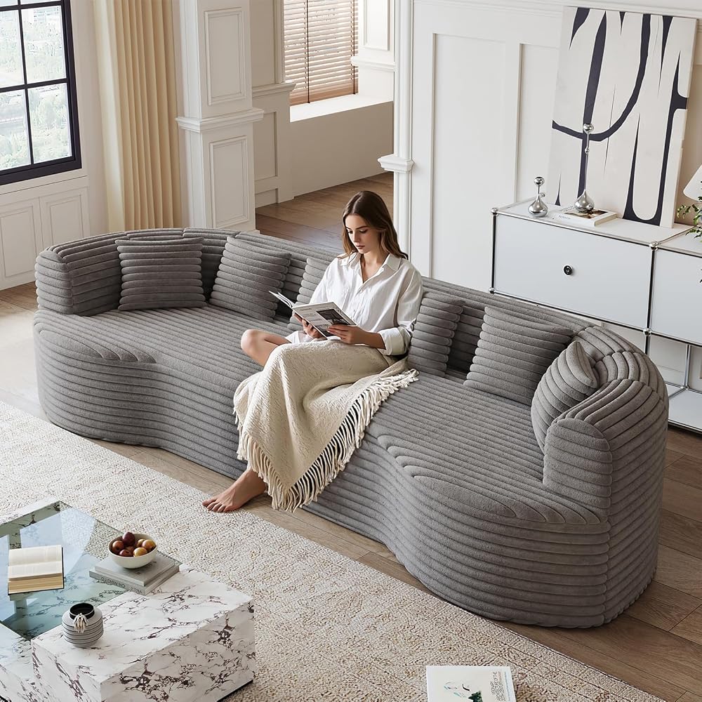 Übergroßes, geschwungenes Ecksofa, 282 cm modernes modulares 4-Sitzer-Sofa ohne Rahmen mit 6 Kissen, tiefsitzendes Cord-Sofa für das Wohnzimmer, kein Aufbau erforderlich, Grau