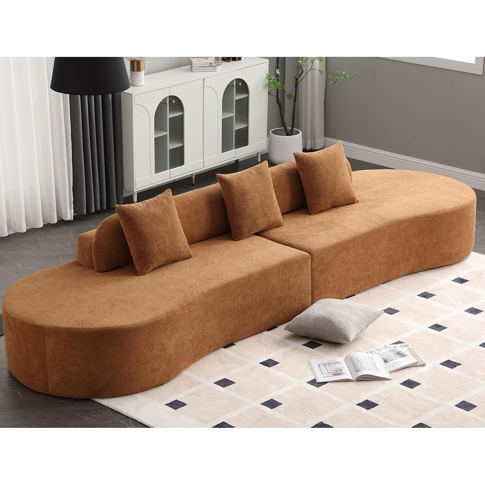 130.5" Curved Sofa for Living Room, Modern Minimalist Cloud Sectional Couch Oversized Compressed Boneless 3-Seater Deep Seat Sofa with 3 Throw Pillows, No Assembly Needed, Brown