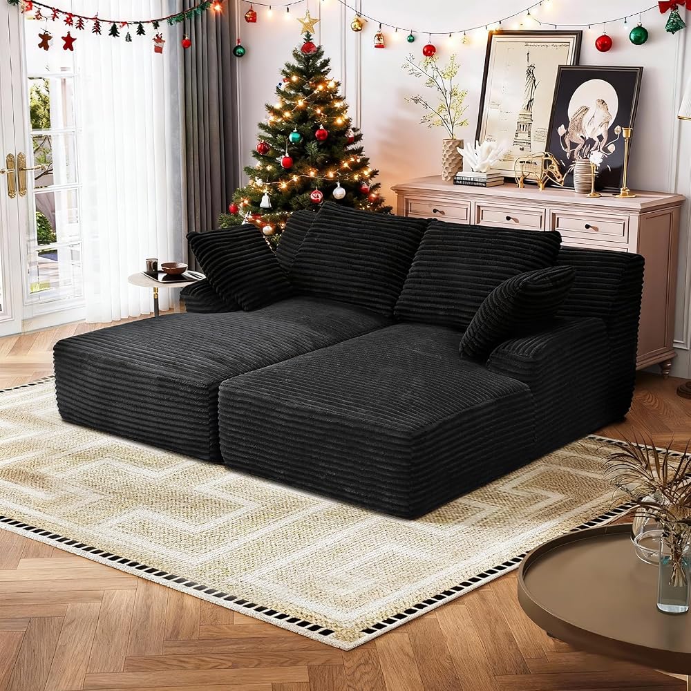 Übergroßer Loungesessel für den Innenbereich, rahmenloses Cord-Schlafsofa, tiefe Sitzgelegenheit, Lesesessel, Cloud-Sofa für das Wohnzimmer, kein Aufbau erforderlich (Schwarz, Doppelgröße)