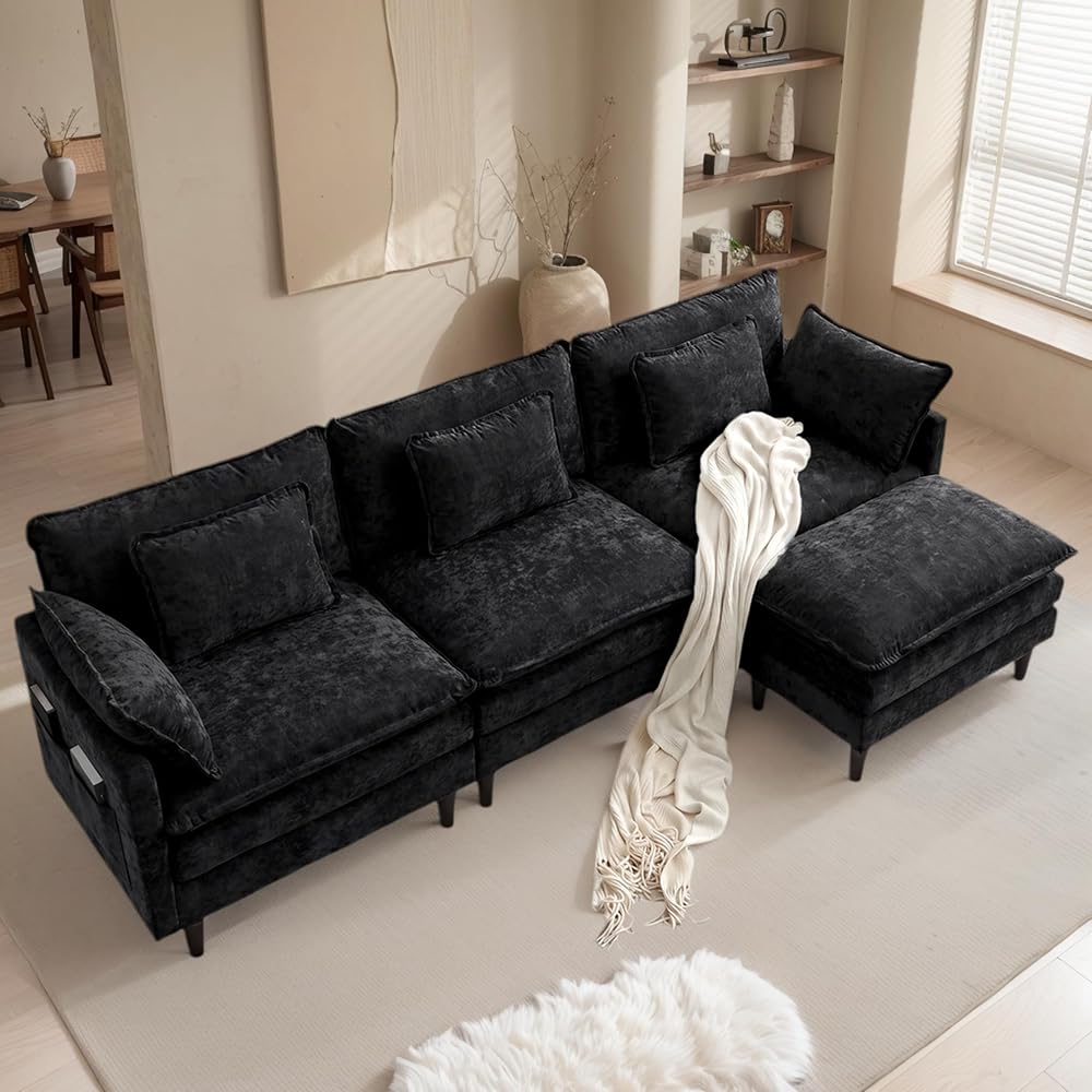 113" Modulares Cloud-Ecksofa, schwarze L-förmige Couch mit tiefer Sitzfläche und Hocker, 4-Sitzer Chenille-Modulsofa für Wohnzimmer, Apartment