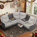 Manual Recliner Sectional Sofa for Living Room, Corner Couch with Flip Middle Backrest, USB Ports & Cup Holders, Grey Linen & Chocolate Leather, 5 Seater Sectional Couch