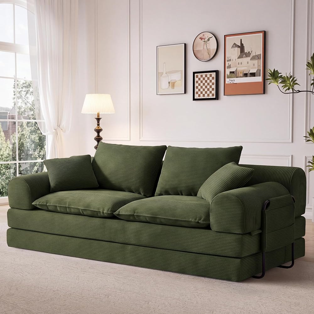79" Convertible Boneless Couch,Green Corduroy Futon Sofa Bed