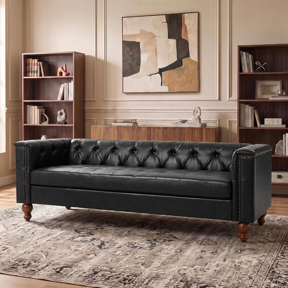 81.5" W Faux Leather Chesterfield Sofa Couch with Button-Tufted Backrest, 3-Seater Sofa with Solid Wood Legs, Traditional Couch for Living Room, Bedroom, Apartment, Black