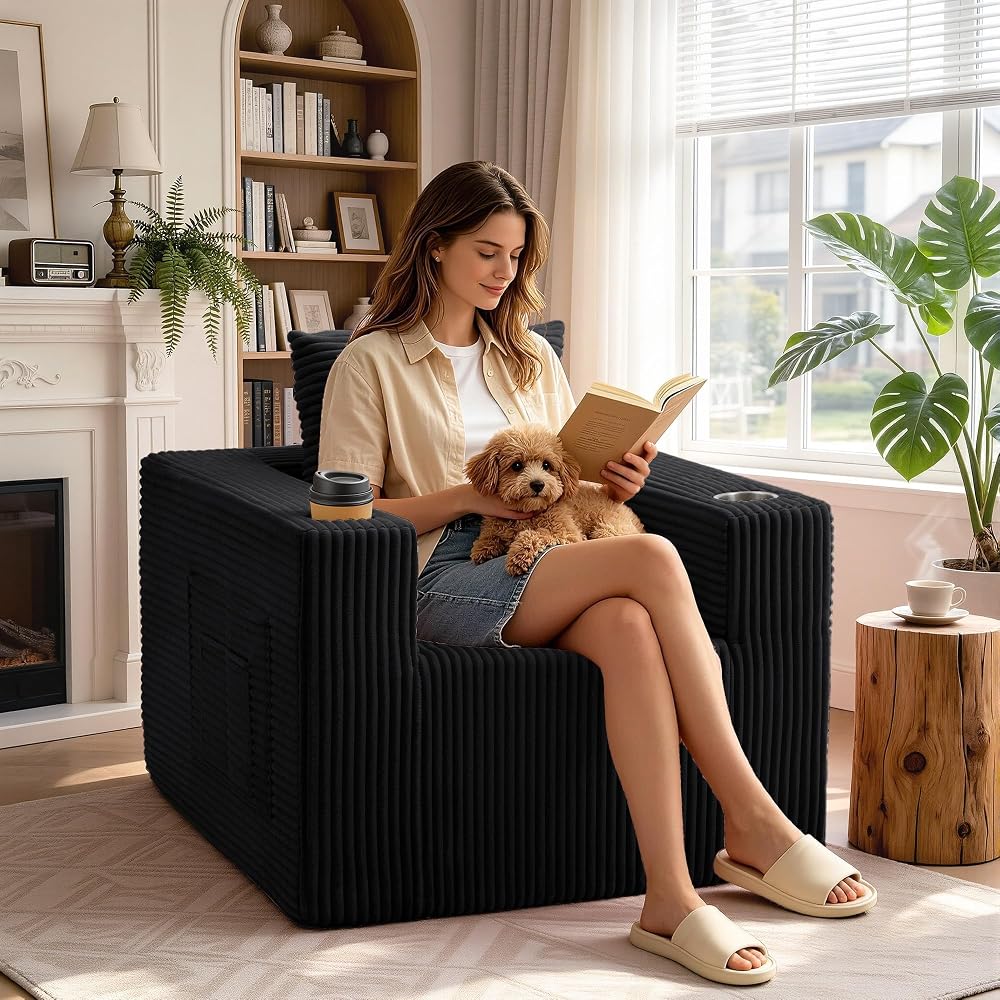 34" Boneless Couch Single Sofa, Small Couches for Small Spaces, Corduroy Couch Chair with Cup Holder & Storage Pocket, Cloud Chair with Pillow for Living Room & Office, No Assembly Required