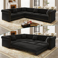 115.3" L-Shaped Sofa Couch with Pull Out Bed, Oversize Convertible Sectional Sleeper Sofa with Button Tufted & Rolled Arm, 6 Seat Velvet Upholstered Couches for Living Room(Black)