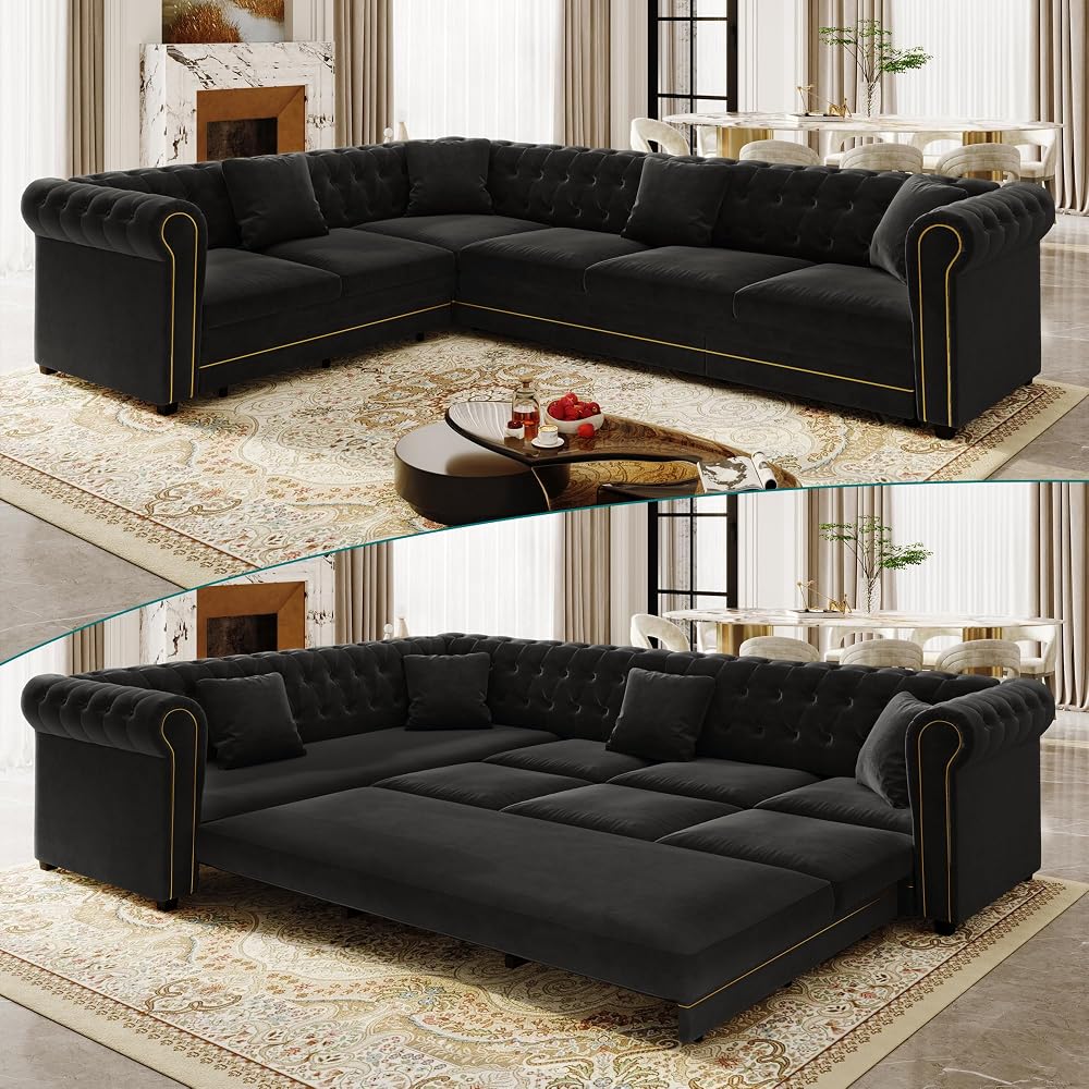 115.3" L-Shaped Sofa Couch with Pull Out Bed, Oversize Convertible Sectional Sleeper Sofa with Button Tufted & Rolled Arm, 6 Seat Velvet Upholstered Couches for Living Room(Black)
