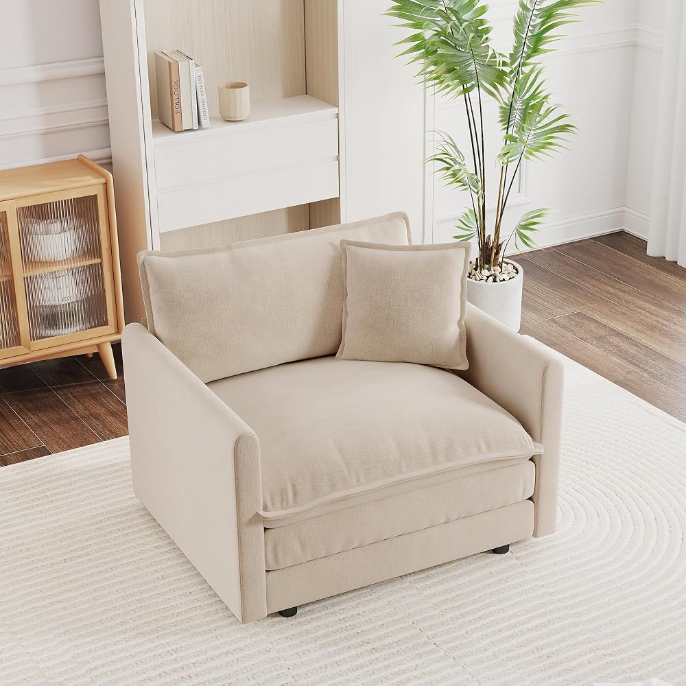 41,4" breites Einzelsofa, bequemer, tief gepolsterter Chenille-Sessel mit Zierkissen für Wohnzimmer, Schlafzimmer, Büro und Apartment, Hellkaffee