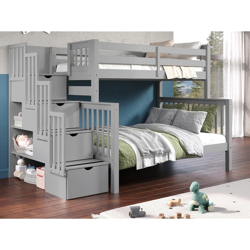 Stairway Bunk Beds Twin Over Full with 4 Drawers in the Steps, Gray