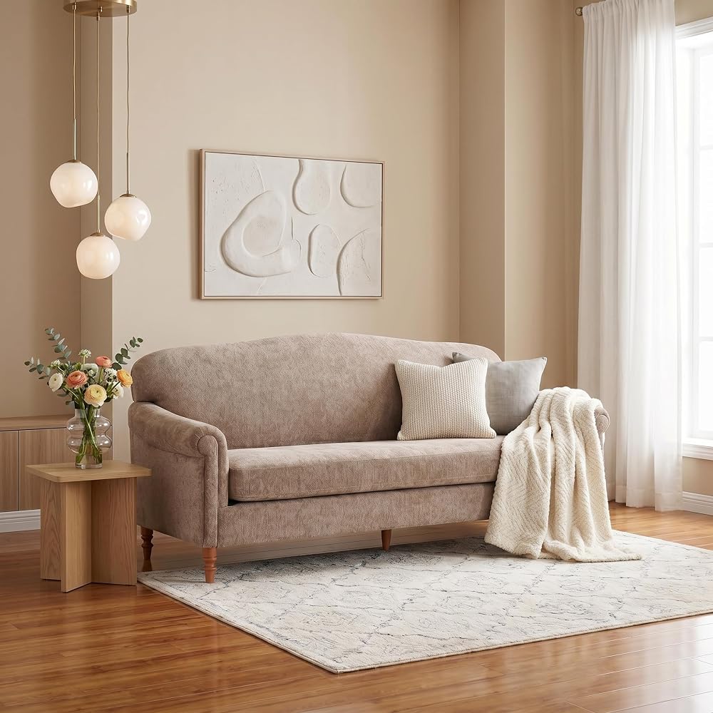 Sola 77,5'' Modernes Loveseat-Sofa aus Chenille mit gerollten Armlehnen und Rahmen aus Kautschukholz, 2-Sitzer-Sofa für Wohnzimmer, bequeme Couch für Hotel/Apartment, Haferfarben