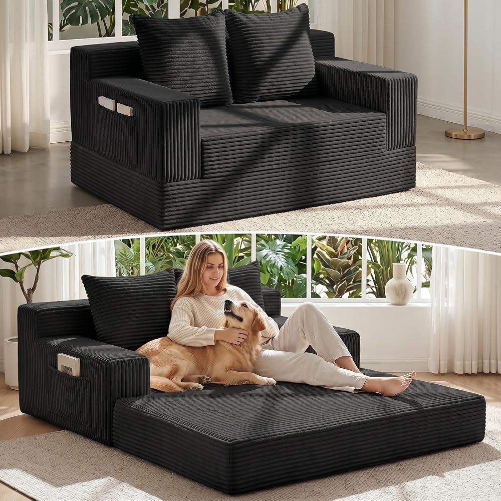 Ausziehbares Schlafsofa, kleines rahmenloses Sofa & rahmenloser Zweisitzer, ausziehbare Couch für kleine Räume, hochwertiges, luxuriöses Klapp-Futon aus Kordsamt mit Seitentasche & 2 Kissen, keine Montage erforderlich
