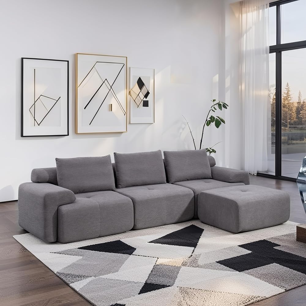 120" Modernes modulares L-förmiges Ecksofa, modulares rahmenloses Sofa ohne Montage, übergroßes 3-Sitzer-Cloud-Sofa mit tiefer Sitzfläche und beweglichem Hocker für das Wohnzimmer – Cordbezug, Grau