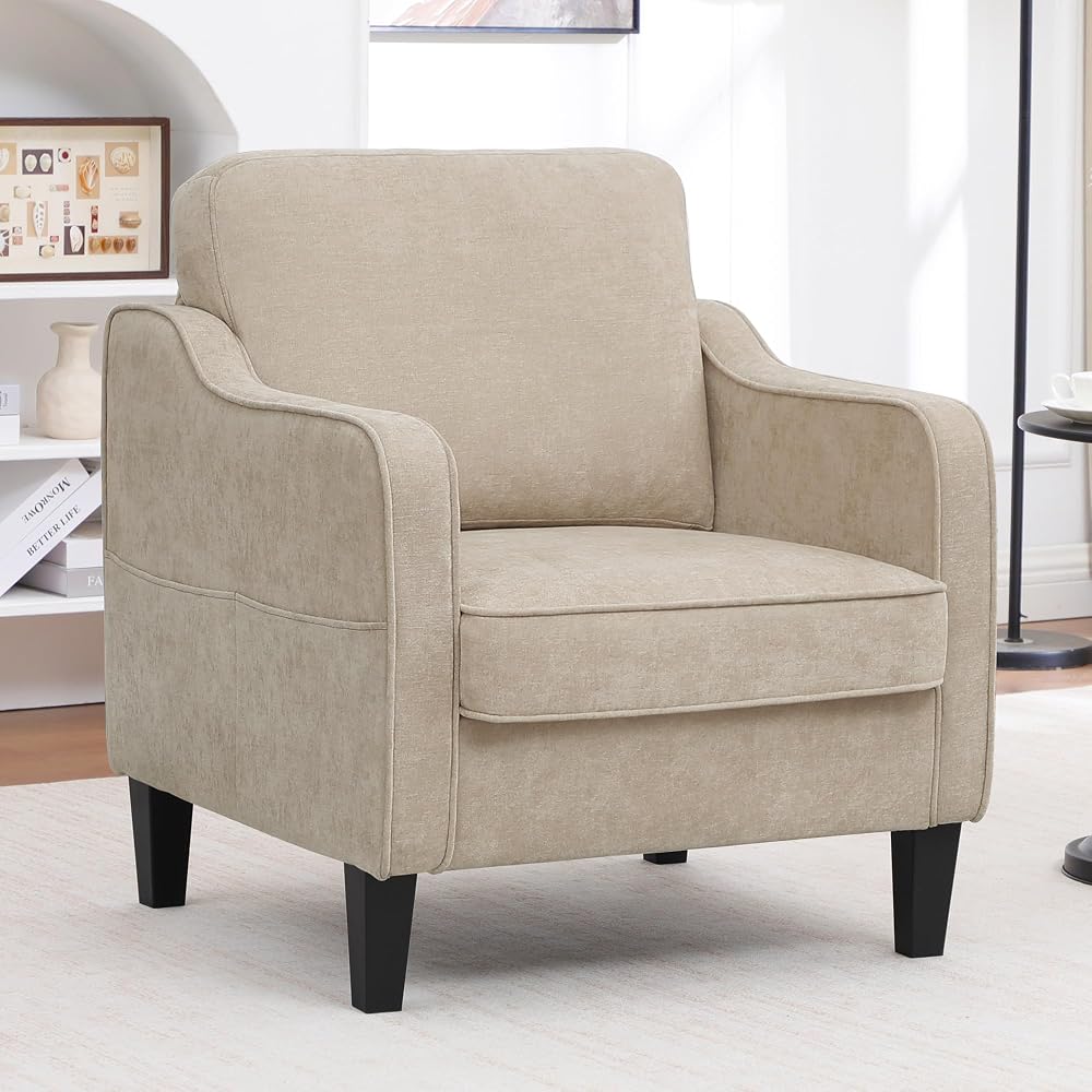 Akzentstuhl für das Wohnzimmer, Mid-Century moderner Lesesessel für das Schlafzimmer, gepolsterter Armlehnstuhl mit Seitentaschen, bequemer Einzelsessel für Büro, Wohnung, kleines Zimmer, Hellbraun