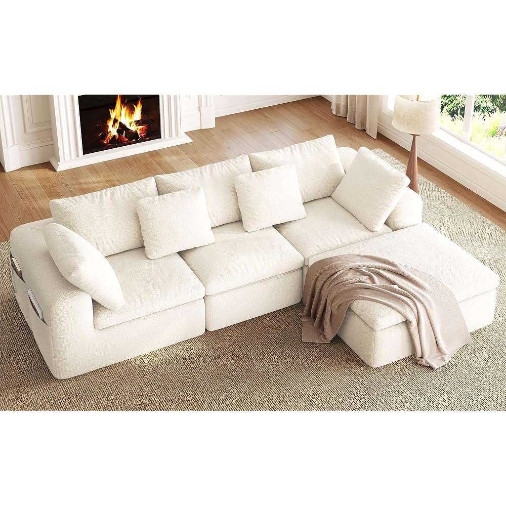108" Modular Sectional Sofa with Ottoman, Convertible L-Shape Cloud Couch for Living Room, Breathable Reversible Boneless Couches, Chenille Deep Seat Sleeper with Storage Pockets, Beige