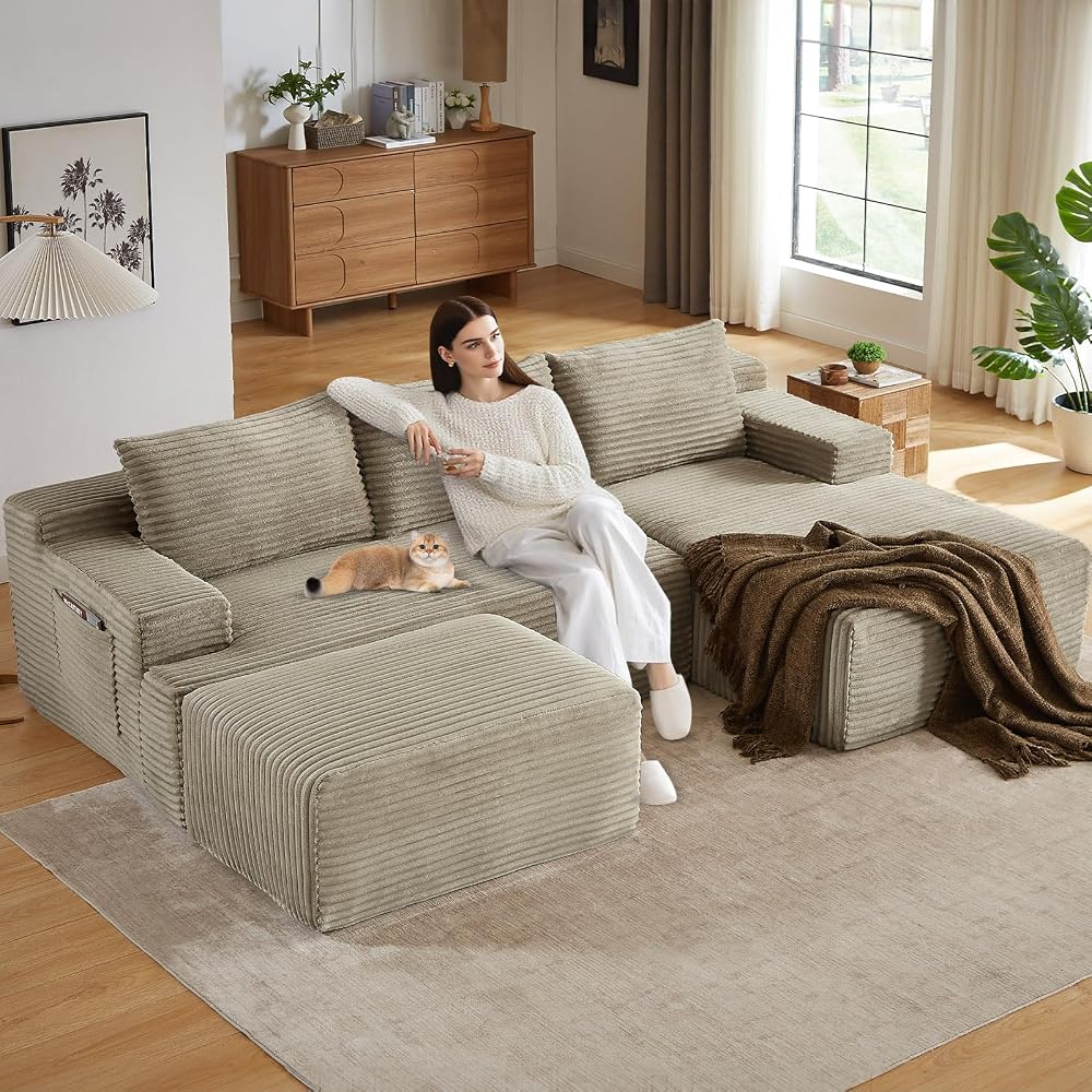 96.1" Modular Sectional Sofa with Ottoman, Modern Corduroy Cloud Couch, Boneless Couch Upholstered 3-Seater U-Shaped Sofa for Living Room, No Assembly (Camel, Right-Facing Chaise)