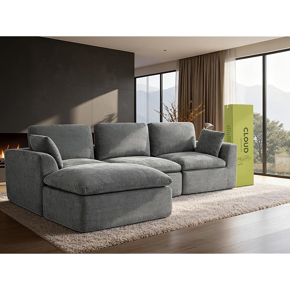 Übergroßes 280 cm Cloud-Sofa, modulares Ecksofa, 4-Sitzer L-Form mit Ottomane, tiefes Chenille-Sofa mit Memory-Schaum, dunkelgrau