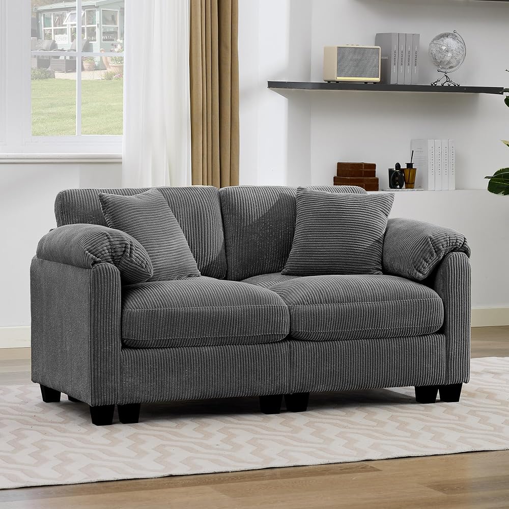 115'' Überdimensionales modulares Ecksofa mit Hocker, U-förmiges modernes Ecksofa für das Wohnzimmer mit 2 Dekokissen und tiefer Sitzfläche, mittig gestepptes Design (Grau, Zweisitzer)