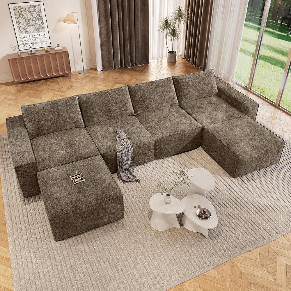 145.6" U Shaped 6 Seater Boneless Sectional Couch, Dark Brown