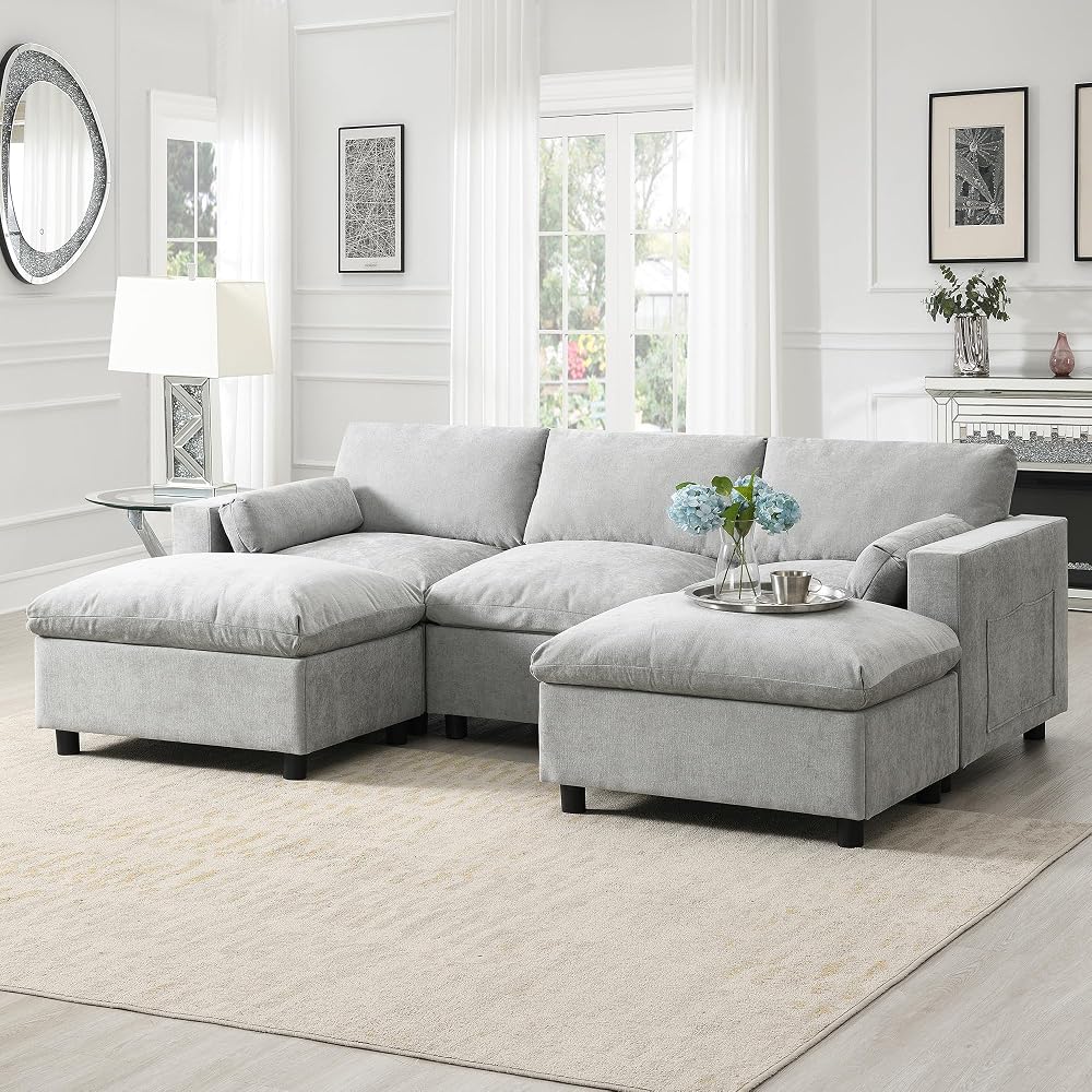 86.5" Sectional Sofa with Storage Pockets & Removable Ottomans, 5 Seat U Shaped Sleeper Cloud Couch Set, Convertible L-Shaped Chenille Upholstered SofaBed for Living Room and Apartment, Grey