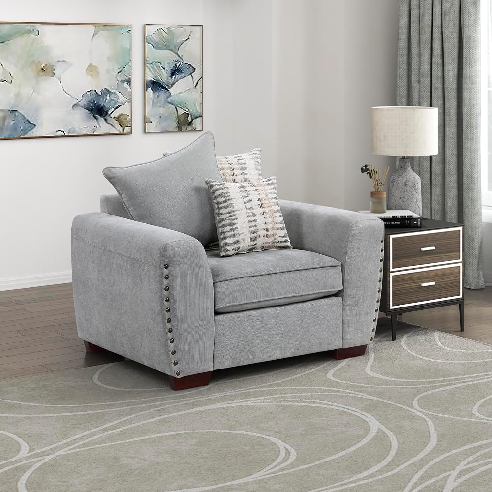 Akzentstuhl, Polstersessel aus Chenille, Einzelsessel mit 3 Kissen, Holzbeine, Armlehnen im Track-Design, Ziernägel, moderner Sessel für Wohnzimmer/Schlafzimmer/Büro/Wartezimmer, Grau