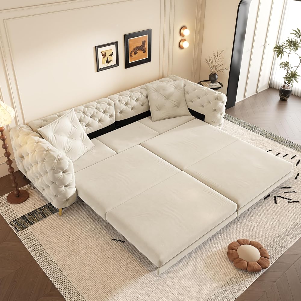 97.7" Convertible Sleeper Sofa Bed, 3 in 1 Pull Out Sofa Bed, Button Tufted Modern Sofa, 4-Seater Couch with Movable Ottoman for Living Room, Bedroom, Apartment, Beige