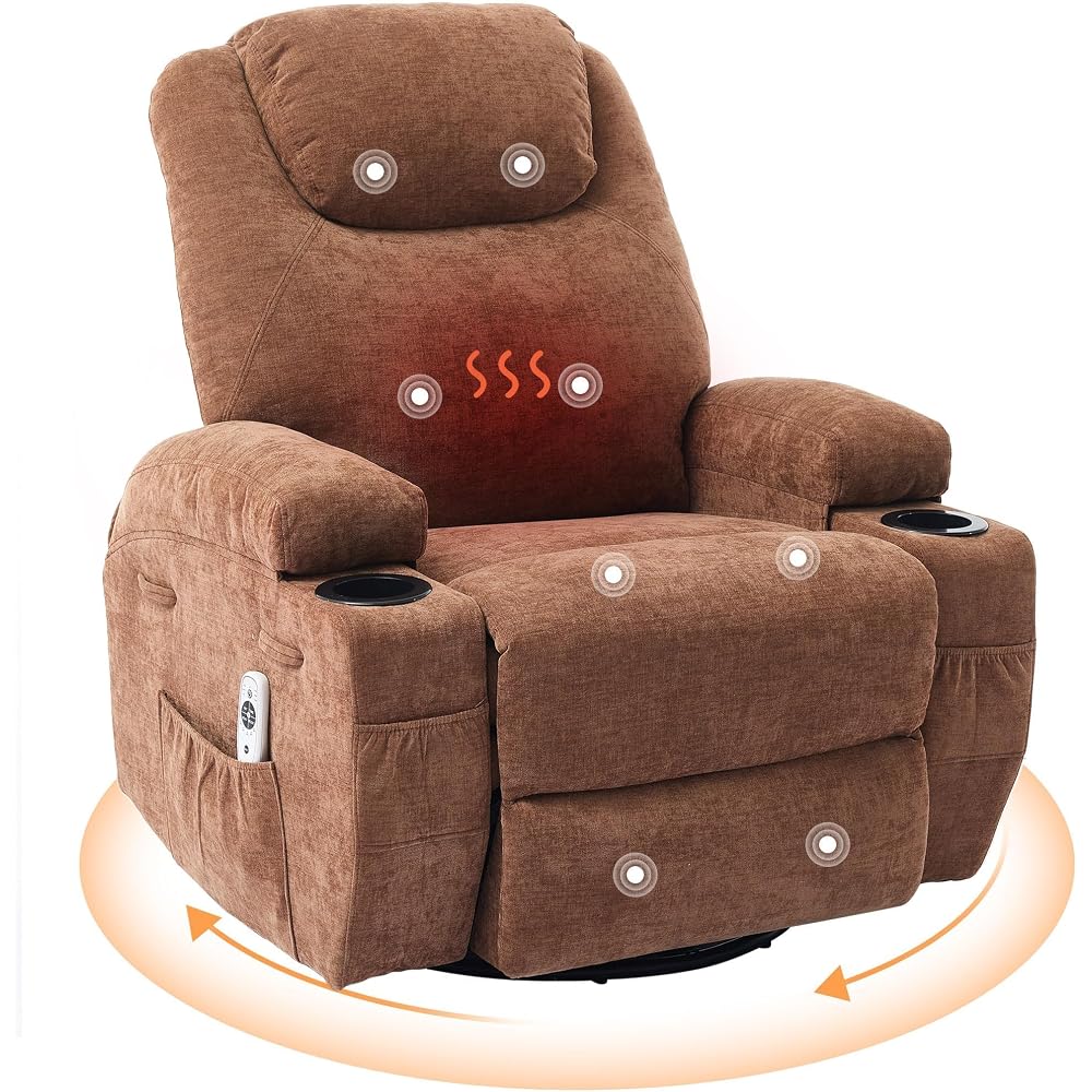 360° Swivel Rocker Recliner Chair with Massage and Heat for Adults, Electric Glider Reclining Chair with Soft Cushion and Side Pocket, Comfortable Rocking Chair for Living Room or Nursery