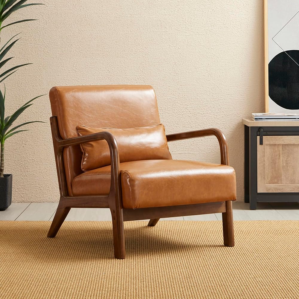30" H Mid Century Yellowish Brown Accent Armchair, Single Reading Sofa, PU Leather Lounge Chair with Walnut Ruberwood Frame for Livingroom or Office