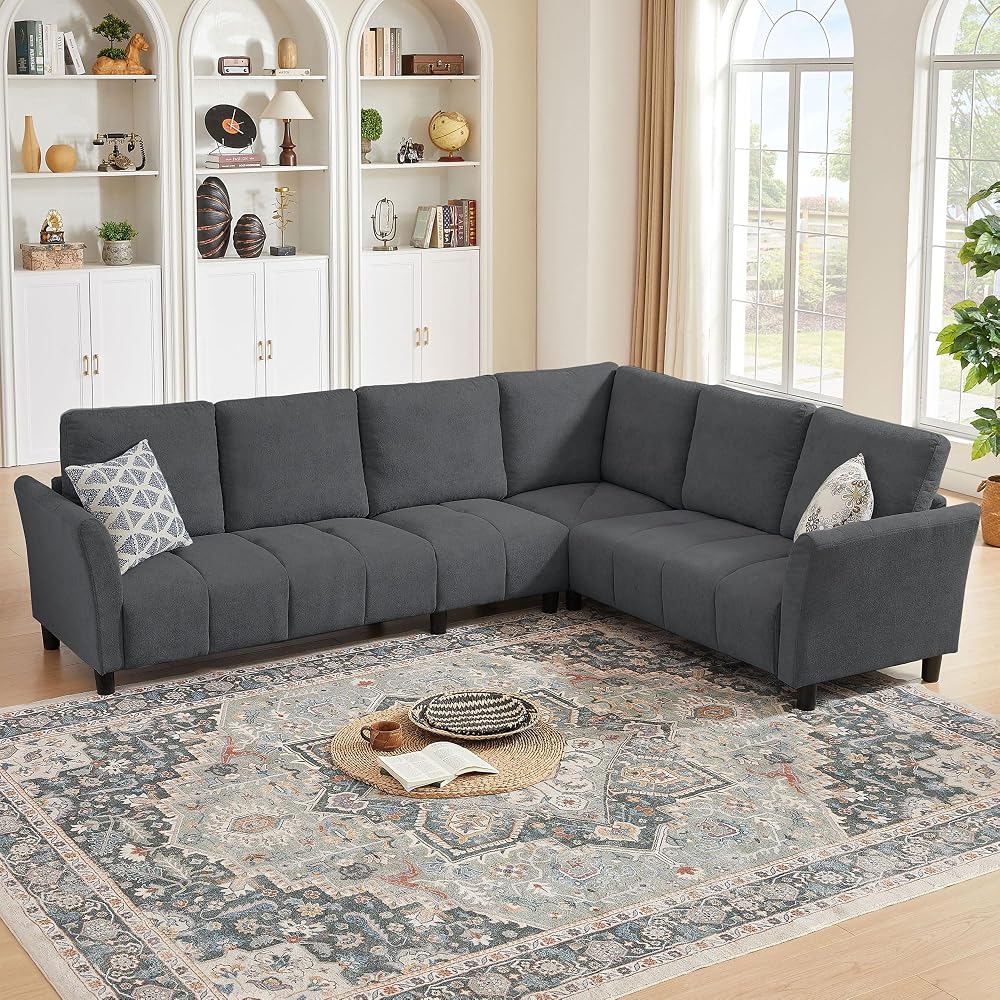 102" Convertible Sectional Sofa Couch, L Shaped Couch with Back Cushions, Modern Upholstered 6-Seat Reversible Sofa Set for Living Room, Apartment, Office, Dark Grey