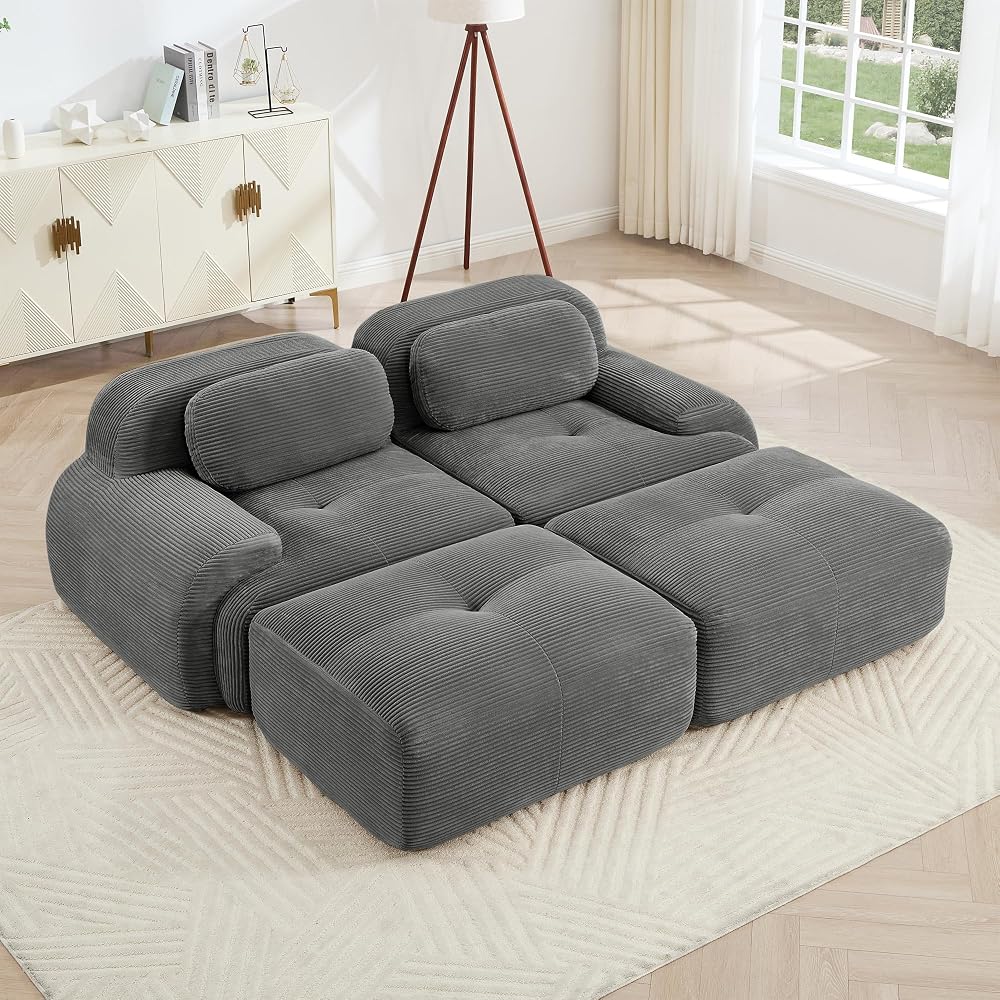 130" Oversized Gray Corduroy 2-Seat Sofa, Luxury Modular Sectional Couch with Dual Ottomans and Ergonomic Curved Armrests