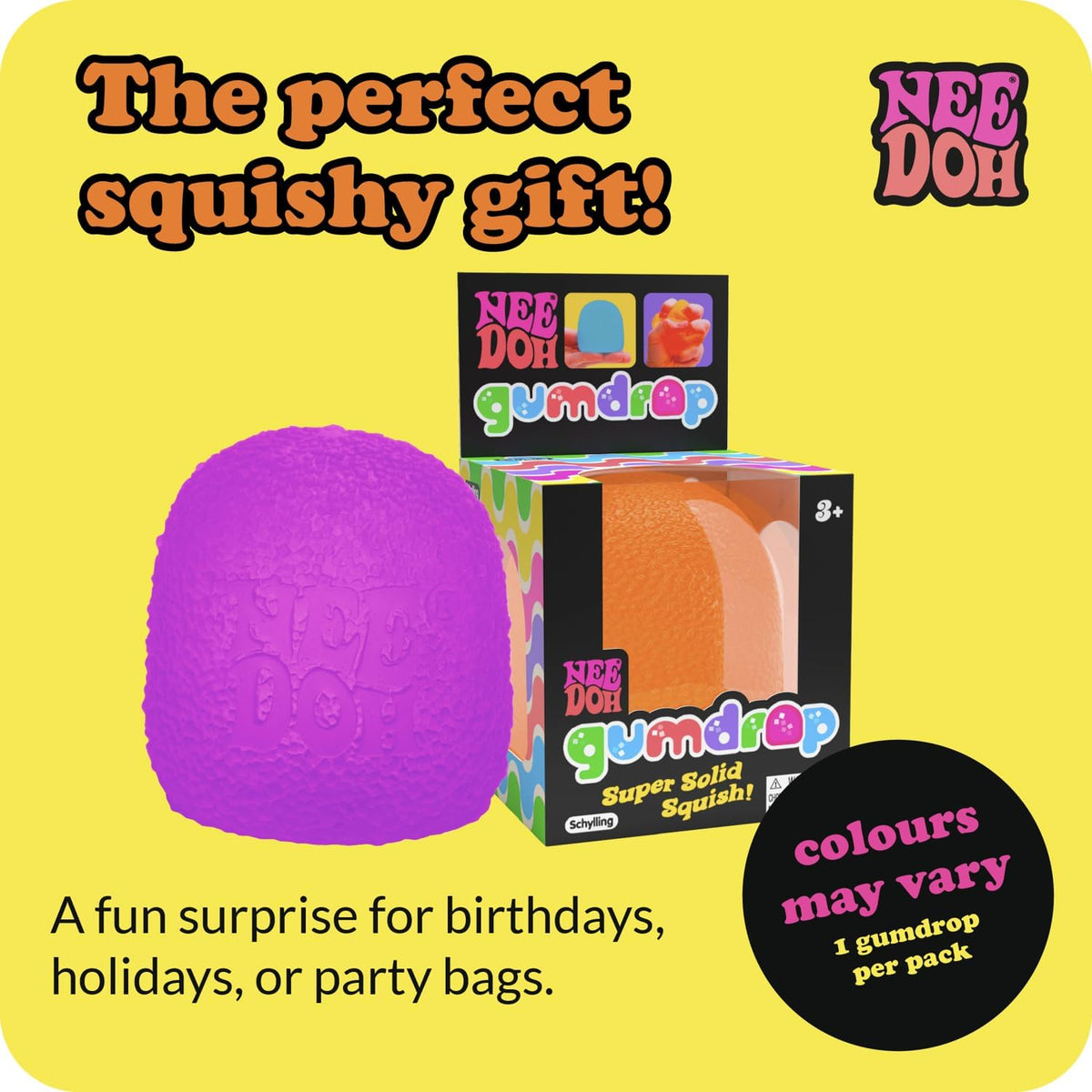 Schylling NeeDoh Gumdrop – Strukturiertes sensorisches Spielzeug mit superfestem Squish – 2,5″ hoch – Farben können variieren (1er-Pack)
