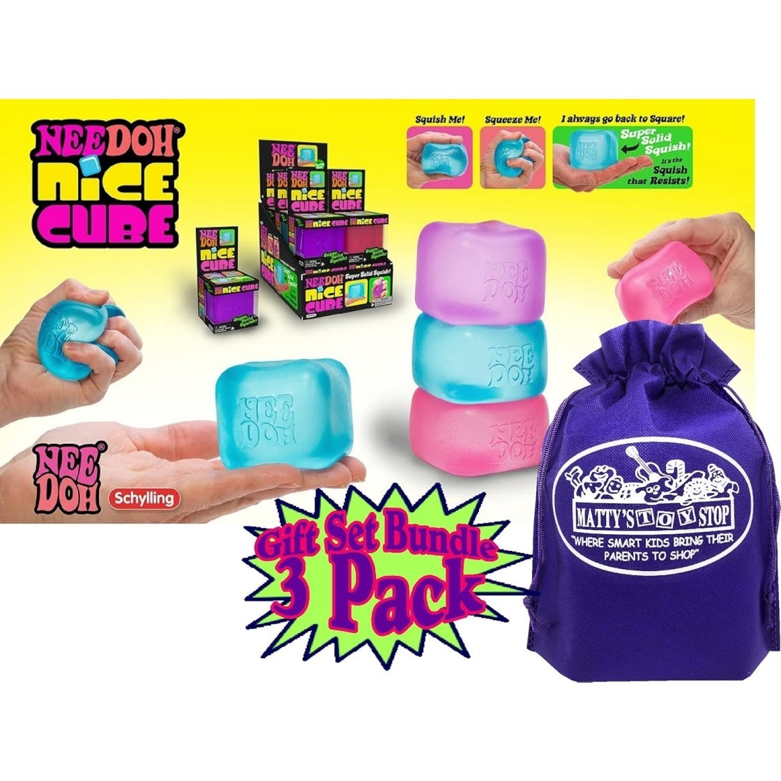 Nice Cube Translucent NeeDoh – 3er-Pack (Lila/Rosa/Blau)