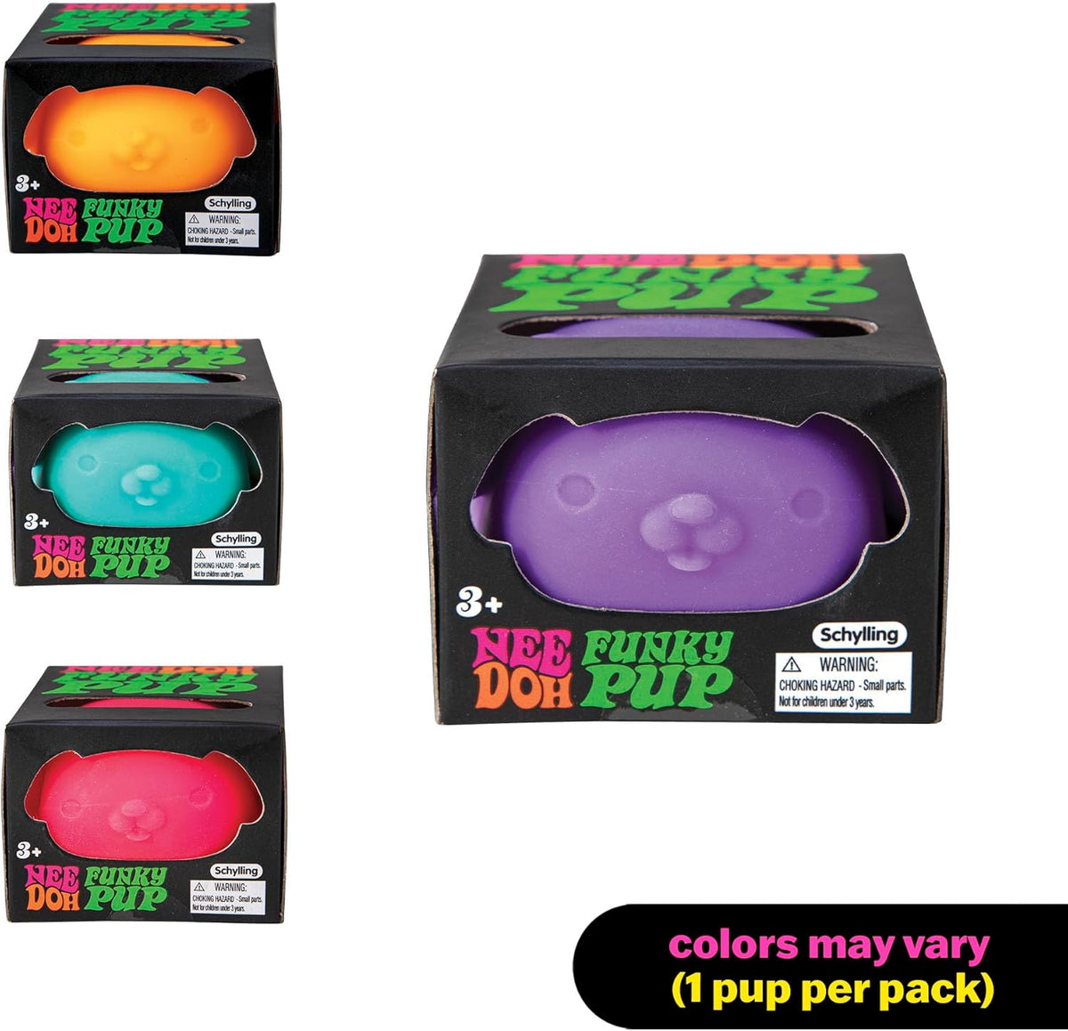 Schylling NeeDoh Funky Pups – Squishy-Sensorspielzeug – weiche Teigfüllung – ab 3 Jahren – Farbe kann variieren; Ein Hund pro Rudel